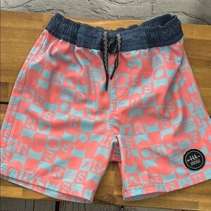 Pink and Blue Geometric Pattern Swimsuit with Elastic Waistband